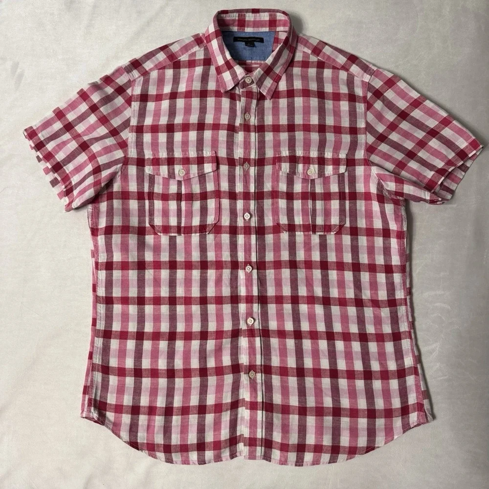 Banana Republic Mens‎ Linen Blend Shirt size L Gingham Check Plaid Button Down